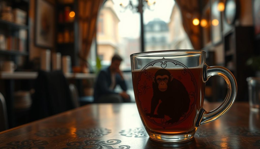 A vibrant scene of a coffee shop, the aroma of freshly brewed kahve filling the air. In the foreground, a crystal-clear coffee cup, its surface rippling with the delicate patterns of a fortune-telling divination. Peering into the cup, the viewer glimpses the form of a mischievous monkey, its eyes gleaming with a playful intelligence. The middle ground is a cozy, dimly lit space, where a figure, Nebahat Özge Tan, contemplates the meaning of the symbols before them. The background is a softly blurred urban landscape, hinting at the complexities of love and relationships that the monkey symbol may represent. The lighting is warm and inviting, creating a sense of introspection and mysticism. This image aims to capture the essence of "Kahve Falında Maymun Görmek" and the symbolism of the monkey in matters of the heart.
