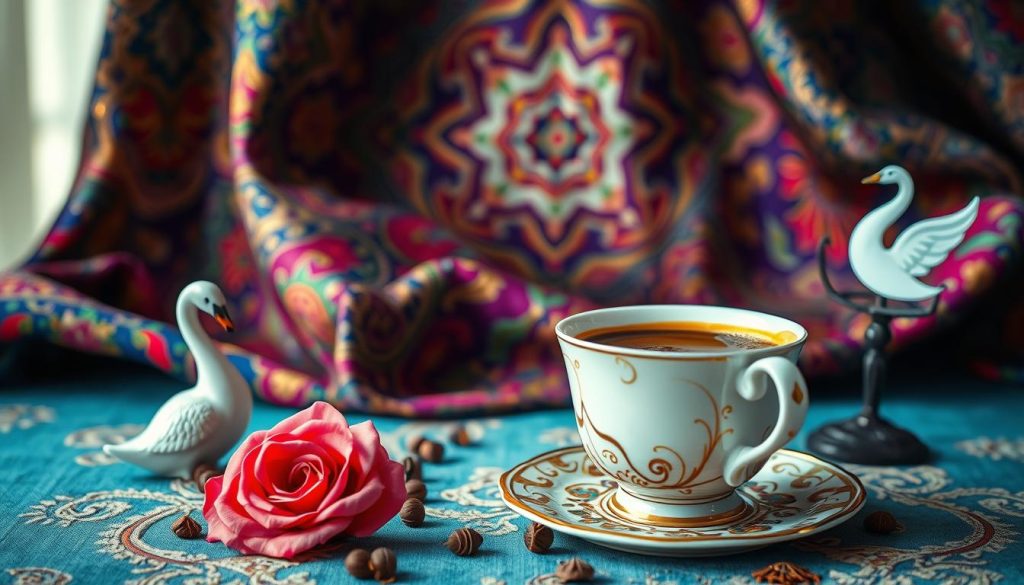 A vibrant still life showcasing the whimsical symbolism of Turkish coffee fortune-telling. In the foreground, a delicate porcelain cup filled with freshly brewed kahve, its swirling patterns hinting at untold fortunes. Surrounding the cup, an array of traditional Turkish coffee fortune-telling symbols - a graceful swan, a blooming rose, a crescent moon - each adding layers of mystical meaning. The middle ground reveals a lush, ornate fabric in rich, jewel-toned hues, evoking the opulent tapestries of the Ottoman empire. In the background, a soft, dreamlike light filters through, creating an atmosphere of contemplation and wonder. Nebahat Özge Tan's unique artistic vision brings this ancient practice to life, inviting the viewer to uncover the secrets of the 'kahve falı'.