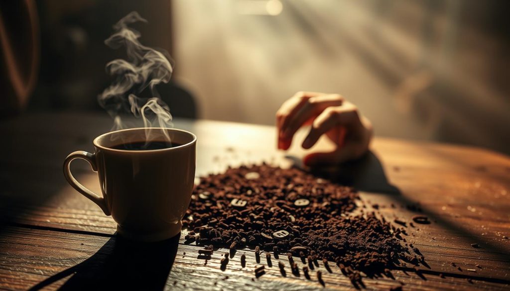 A warm and mystical scene of "Kahve Falında Rakam Görmek". In the foreground, a steaming cup of freshly brewed Turkish coffee sits on a wooden table, casting soft shadows. The middle ground features a fortune teller's hand, delicately tracing the patterns formed by the coffee grounds, revealing the hidden symbols. In the background, a hazy, atmospheric setting with muted tones suggests an ancient, timeless ambiance. Soft, diffused lighting casts a dreamlike glow, evoking a sense of wonder and mystery. The image is imbued with a sense of anticipation, as if the viewer is about to uncover a profound personal revelation. Nebahat Özge Tan's unique and open-ended interpretation of this occult practice invites the viewer to ponder the significance of the numbers revealed in the coffee grounds.