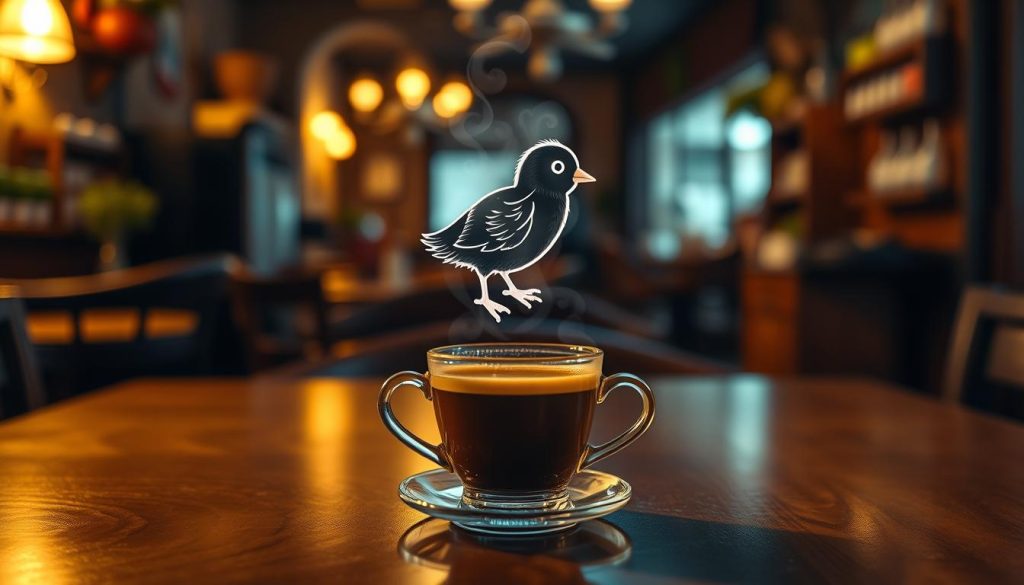 A warm, cozy coffee shop interior with an inviting atmosphere. In the center, a freshly brewed cup of Turkish coffee sits on a polished wooden table, steam gently rising. Floating above the cup, a delicate, detailed civciv (baby chick) symbol appears, its feathers softly illuminated by the ambient light. The background is blurred, suggesting a peaceful, meditative setting. The overall mood is one of introspection and contemplation, as if the civciv symbol holds symbolic meaning within the art of coffee fortune-telling. The image is captured with a shallow depth of field, creating a sense of focus on the central elements. Signature: Nebahat Özge Tan.