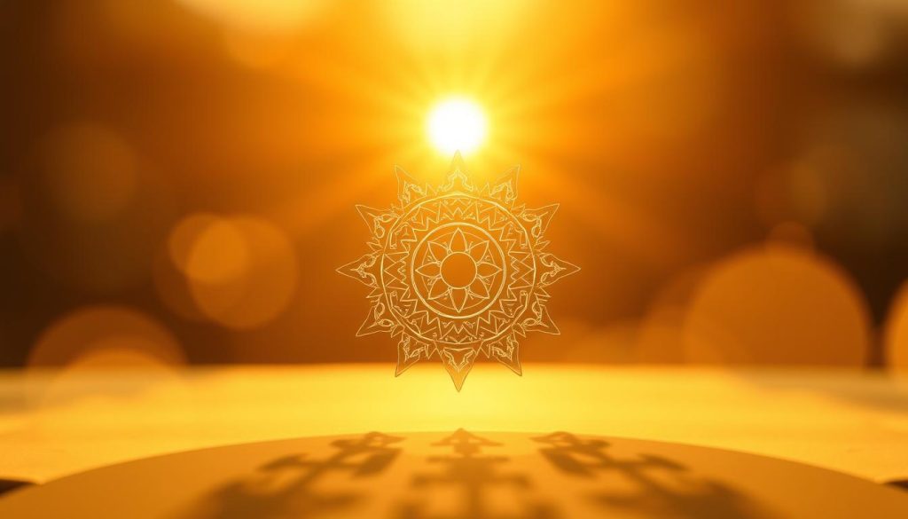 A warm, golden sunlight illuminates a meticulously rendered güneş sembolü, its radiant rays emanating a sense of comfort and optimism. The symbol's intricate design features delicate linework and a harmonious balance of geometric shapes, capturing the essence of the sun's divine energy. In the background, a soft, hazy gradient evokes a serene, contemplative atmosphere, allowing the symbol to take center stage. The overall composition exudes a tranquil, meditative quality, inviting the viewer to ponder the profound significance of the güneş sembolü. Credited to Nebahat Özge Tan, this image perfectly captures the essence of the section "Güneşin Şekline Göre Yorumlar" within the article "Kahve Falında Güneş Görmek."