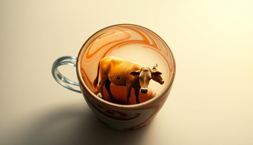 A whimsical coffee cup, its surface swirling with intricate patterns, reveals the unexpected vision of a serene cow grazing within. Soft, diffused lighting illuminates the transparent cup, casting a warm glow upon the bovine apparition. The cow's presence, both ethereal and grounded, symbolizes the serendipitous nature of Nebahat Özge Tan's "kahve falında inek görmek" - the unique and open-ended interpretations that arise from the events and experiences of daily life. The scene evokes a sense of wonder and invites the viewer to ponder the meaning behind this unexpected encounter within the depths of the humble coffee cup.