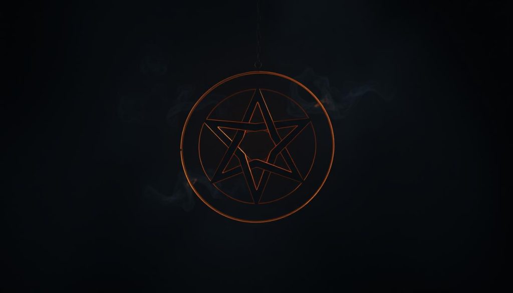 An ancient and mystical witch symbol, manifesting as a pentagram within a circle, glowing with an otherworldly energy. The symbol hovers in a dimly lit, atmospheric environment, casting an ominous yet alluring presence. Shadows and wisps of smoke swirl around the pentagram, hinting at unseen forces. The lighting is dramatic, with a warm, golden glow illuminating the symbol from within, while the surrounding space remains in deep, inky darkness. The overall mood is one of mystery, power, and the supernatural, evoking a sense of the unknown and the esoteric. Nebahat Özge Tan