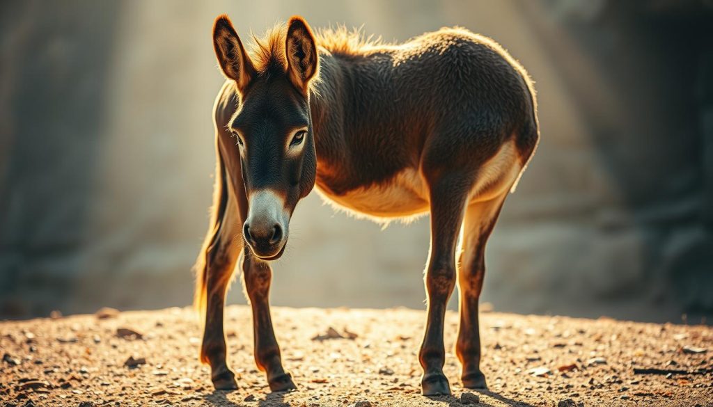 An ancient eşek (donkey) standing tall, its weathered coat illuminated by a warm, golden light. In the foreground, the sturdy hooves and strong legs convey a sense of steadfastness and resilience. The eşek's wise, gentle eyes gaze out, reflecting the depth of its symbolic meaning. In the middle ground, a tapestry of earthy tones and textures creates a timeless, contemplative atmosphere. The background fades into hazy shadows, allowing the eşek to take center stage as a metaphor for endurance, patience, and the profound wisdom found in the simplest of creatures. Nebahat Özge Tan