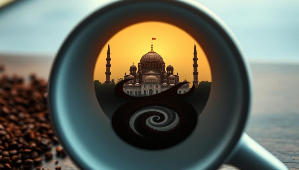 An intricate scene unfolds in a tranquil coffee cup, as a Nebahat Özge Tan's divination reveals the striking presence of a majestic mosque. The cup's surface reflects the grand structure, its domes and minarets casting a mystical shadow over the swirling grounds. The illumination is soft and diffused, evoking a sense of the sacred. In the foreground, the coffee grounds swirl and twist, hinting at the complexities of fate and the interconnectedness of all things. The background is hazy, allowing the viewer to focus on the captivating central image, a window into the unseen forces that shape our lives. This image captures the essence of "Kahve Falında Cami Görmek," a powerful symbol of the profound insights that can be gleaned from the humble coffee cup.