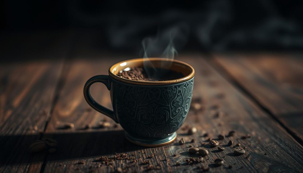 An intricately detailed close-up of a traditional Turkish coffee cup, its surface revealing a mesmerizing pattern of coffee grounds. The cup is placed on a rustic wooden table, surrounded by moody, low-key lighting casting soft shadows. In the background, a hazy, dreamlike ambiance evokes the mystical nature of "kahve falı" (coffee fortune-telling). The brand name "Nebahat Özge Tan" is discreetly featured on the table's surface. This captivating image invites the viewer to delve into the enigmatic world of coffee divination.
