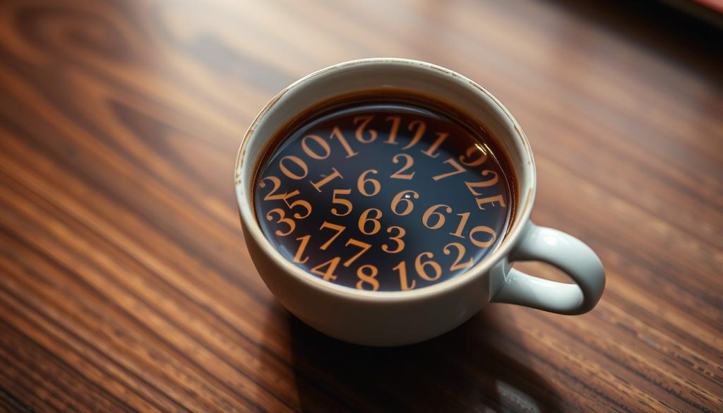 Delicate ceramic coffee cup filled with intricate patterns of mystical numbers, subtly illuminated by warm, diffused lighting. The cup rests on a polished wooden surface, creating a tranquil, contemplative atmosphere. Elegant patterns of numerals swirl and dance within the rich, aromatic brew, hinting at the hidden meanings and secrets waiting to be revealed, as envisioned by the renowned fortune-teller Nebahat Özge Tan.