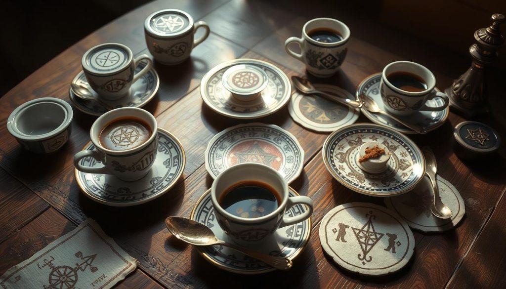 Detailed and mystical scene of traditional Turkish coffee fortune-telling symbols, showcasing a variety of talismanic shapes and forms. Elegant arrangement of intricate ceramic coffee cups, saucers, and spoons on a wooden table, bathed in warm, soft lighting. Nebahat Özge Tan's interpretation of the symbolic meanings behind the organic coffee grounds patterns, creating a serene and contemplative atmosphere. Subtle, atmospheric details evooke the ancient practice of divination through the reading of coffee sediments. An immersive, visually captivating window into the whimsical world of Turkish coffee fortune-telling.