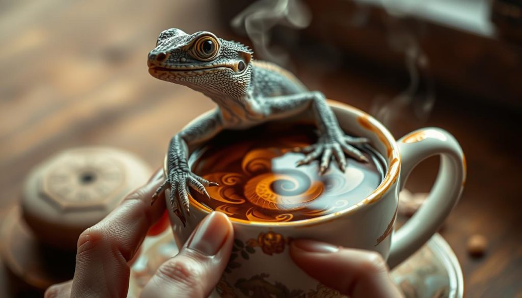 Detailed and whimsical scene of a lizard emerging from a swirling coffee cup, casting intricate patterns and shapes across the surface, as if revealing a hidden message. The lizard's eyes are piercing, its scales shimmering with a mystical iridescence. The background is a warm, earthy tone, evoking the cozy ambiance of a traditional Turkish coffee shop. Soft, diffused lighting casts a dreamy, contemplative atmosphere. Nebahat Özge Tan, a renowned fortune teller, observes the divination with a thoughtful gaze, her hands poised delicately around the cup.