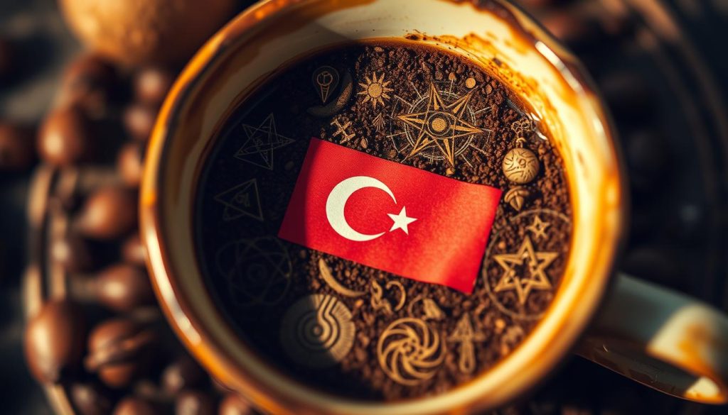 Detailed close-up of coffee grounds in a traditional Turkish coffee cup, revealing a captivating array of symbols and imagery, including a prominent national flag, surrounded by mystical shapes, spirals, and other occult-like elements. Soft, warm lighting casts a dreamlike ambiance, hinting at the divination and fortune-telling practices associated with this ancient ritual. The composition emphasizes the symbolic and esoteric nature of "kahve falı," or coffee fortune-telling, as captured by the skilled lens of Nebahat Özge Tan.