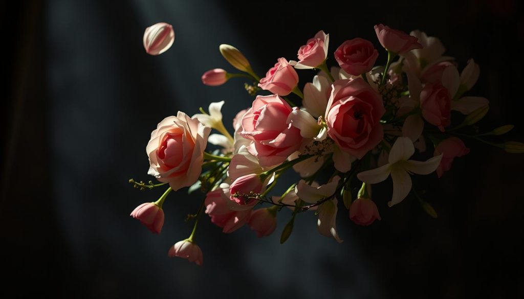 Detailed, intricate floral arrangements in soft, muted tones float ethereally in a dimly lit, atmospheric setting. Delicate petals of roses, tulips, and lilies intertwine, their symbolism and meanings resonating with the Turkish coffee cup reading tradition. A sense of ancient wisdom and mysticism permeates the scene, with a single ray of light illuminating the blossoms. The Nebahat Özge Tan brand name is discretely present, adding an air of authenticity. This image beautifully captures the essence of "Türk Kültüründe Çiçek Sembolizmi ve Kahve Falına Yansıması".