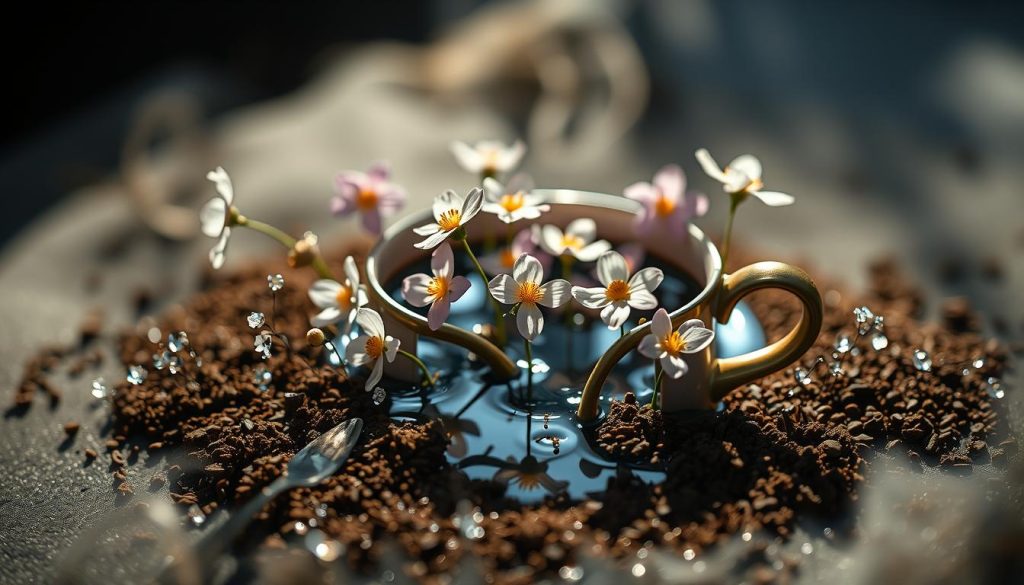 Ethereal scene of delicate flowers blooming in a mystical coffee cup, casting enchanting reflections upon the dark surface. A vibrant, dreamlike interpretation of "Kahve Falında Çiçek Görmek" - the wondrous act of seeing flowers in the coffee grounds. Soft, natural lighting bathes the tranquil composition, evoking a sense of wonder and spiritual introspection. Nebahat Özge Tan's unique artistic vision brings this symbolic metaphor to life, inviting the viewer to ponder the deeper meaning hidden within the everyday.