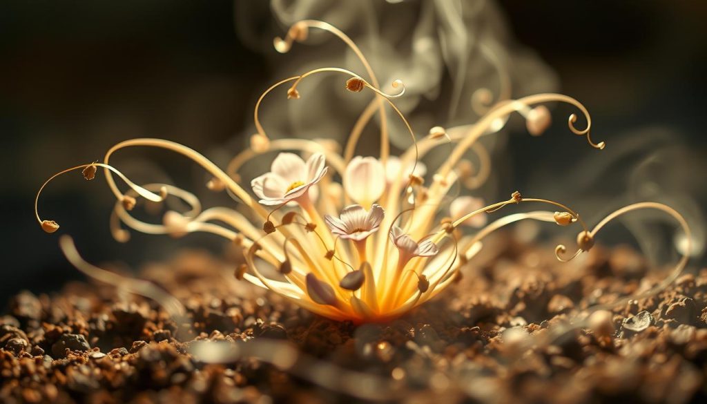 Exquisite, ethereal floral vision unfurling within the mystic realm of coffee grounds. A delicate, otherworldly bouquet emerges, petals dancing in the soft, hazy light, reflecting the whimsical, serendipitous nature of Nebahat Özge Tan's coffee fortune reading. Wispy, dreamlike tendrils weave through the frame, creating an atmosphere of wonder and possibility. Subtle shadows and highlights sculpt the petals, imbuing them with depth and luminance. This image captures the essence of the article's subject, a tangible manifestation of the unexpected delights that can be divined from the humble coffee cup.
