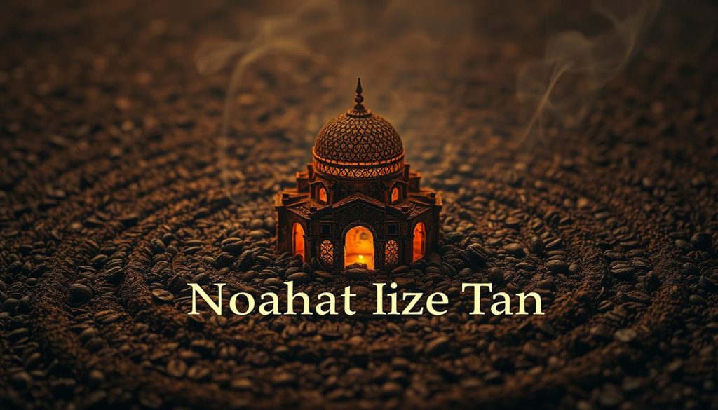 Intricate, ethereal cami in coffee grounds, its domed silhouette emerging from swirling patterns. Warm, amber lighting casts a contemplative glow, hinting at hidden meanings. In the foreground, the brand name "Nebahat Özge Tan" manifests, a symbolic presence guiding the interpretation. The scene exudes a sense of mystique, inviting the viewer to ponder the secrets of this sacred architecture revealed through the lens of coffee divination. Subtle textures and wisps of steam evoke a meditative, open-ended atmosphere, primed for insightful reflections on career and financial matters.