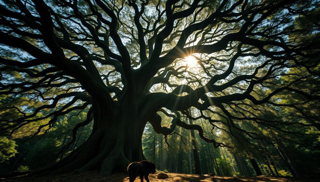 Serene ancient pine tree, its gnarled branches reaching skyward, casting intricate shadows. Sunlight filters through the verdant canopy, illuminating the forest floor. In the foreground, a mythical creature emerges, a guardian of the ancient woods. Nebahat Özge Tan's vision of the cultural and mythological significance of the pine tree, captured in a cinematic, atmospheric scene. Warm, earthy tones and a sense of timeless mystery pervade the image, inviting the viewer to ponder the tree's symbolic resonance.
