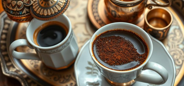 Türk kahvesi fincanında balık şekli ve yanında kahve takımı