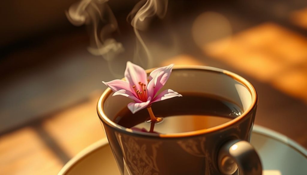 a detailed, realistic, and intricate digital painting of a delicate and ethereal flower emerging from the surface of a traditional Turkish coffee cup, cast in warm, softly diffused natural lighting, with a faint wisp of steam rising from the surface. The flower is a symbolic representation, blending whimsical elements with a sense of mysticism, conveying the concept of "Kahve Falında Çiçek Görmek." The composition features a close-up view, focusing on the interplay between the coffee cup and the floral apparition, with a subtle, hazy background adding depth and atmosphere. The overall mood is one of contemplation and wonder, as if the viewer is privy to a fleeting, magical moment. Nebahat Özge Tan